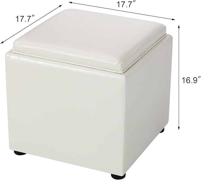 Adeco 17" White Storage Ottoman Cube with Tray Lid, Small Footstool with Storage, Square End Table for Living Room & Bedroom