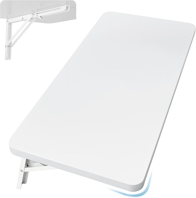 Upgrade Wall Mounted Folding Table 31.5”L x 15.7”W, Laundry Folding Table with Heavy Duty Metal Collapsible Shelf Brackets, Wall Mounted Desk Fold Down for Small Spaces, White