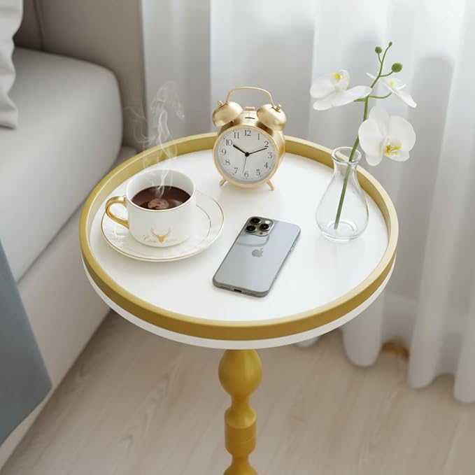 Small Round Drink Table,Pedestal Tables,Small Round Side Table for Narrow Spaces,End Table for Living Room, Bedroom, Bathroom,Balcony (White Gold)