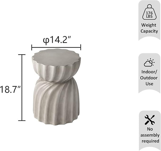 HOMPUS Unique Outdoor Concrete Side Table, Garden Stool, Round Patio MgO End Table, Lightweight Small Accent Table for Indoor Outdoor Use, Patio, Garden, Backyard, Natural Grey