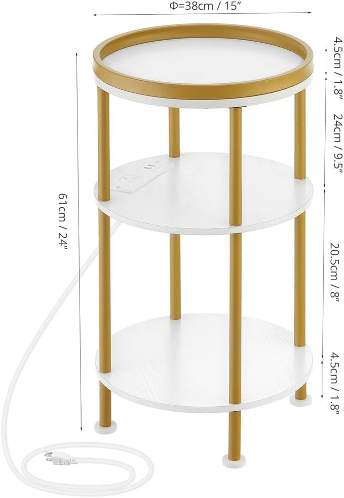Small Round End Table with Charging Station, 3-Tier Accent Couch Beside Table with USB Ports & Power Outlets, Sofa Side Table for Living Room Small Nightstand Bedroom (USB Charger, White+Gold)