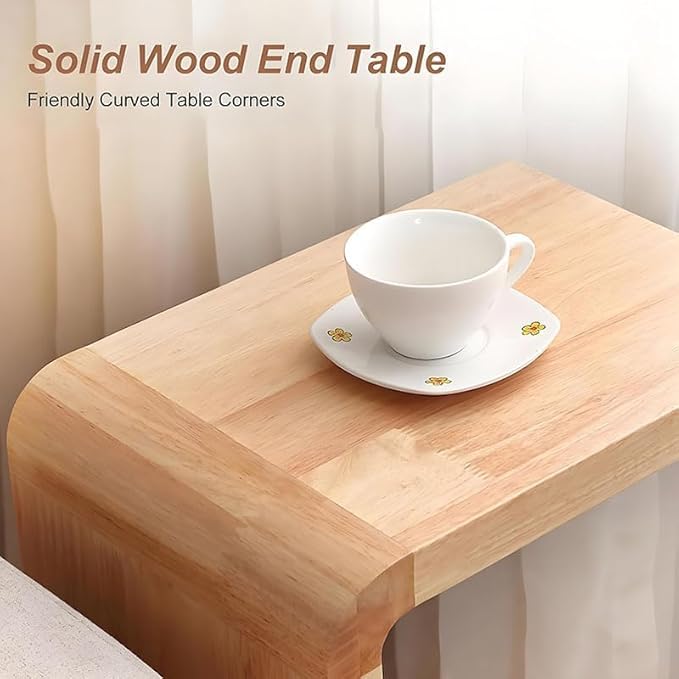 CHSSIH C Shaped End Table for Couch - Wooden Sofa Side Table, Slide Under Couch Table for Living Room, Bedroom, Laptop, Coffee, Small Space Narrow Furniture, Natural