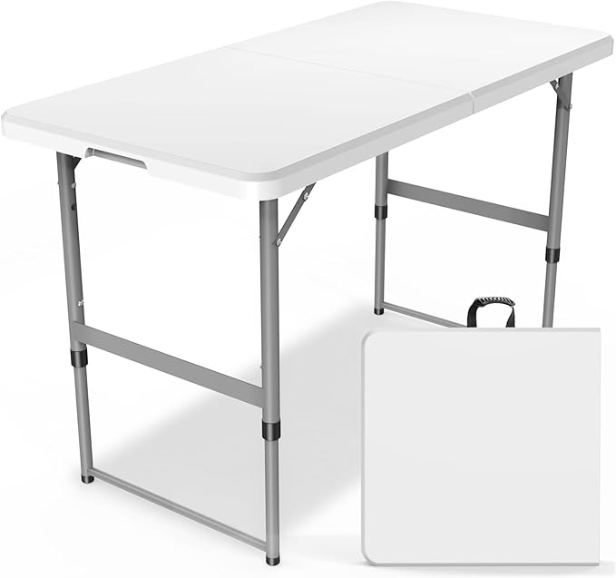 4FT（24" x 48"） Folding Table, Indoor Outdoor Heavy Duty Table with Carrying Handle,Placstic Fold up Table for Picnic, Party, Camping，Office - White (4FT)