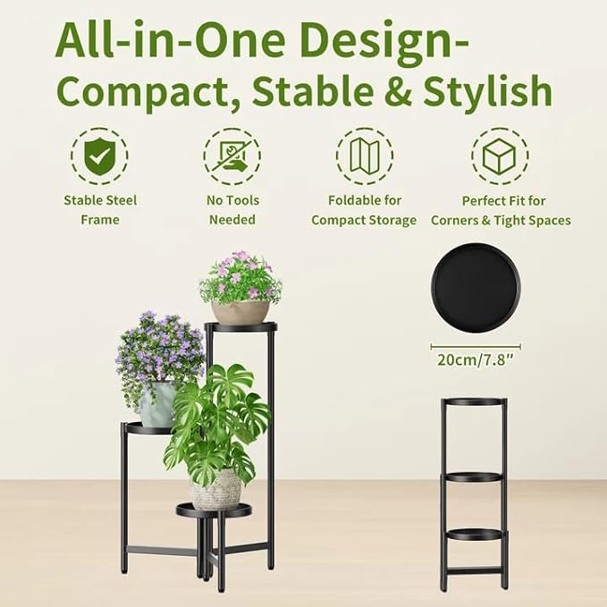3 Tier Large Plant Stand Indoor with 10 Inch Wide Tray, Tiered Corner Metal Outdoor Flower Holder Stand, Folding Tall Rack for Display Shelf for Patio Porch Balcony - BlackDisk