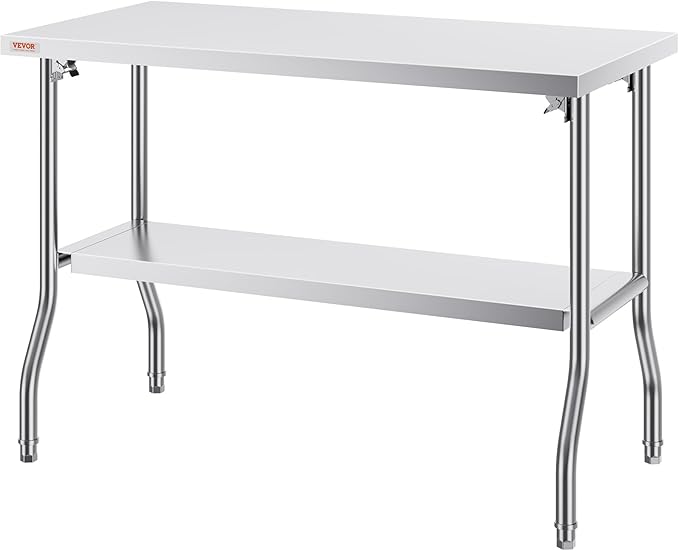 VEVOR Commercial Worktable Workstation 48 x 24 Inch Folding Commercial Prep Table, Heavy-duty Stainless Steel Folding Table with 772 lbs Load, Kitchen Work Table, Silver Stainless Steel Kitchen Island