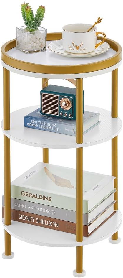 Small Round Side Table, Gold Round End Table with White Shelves, 3-Tier Modern Nightstand for Bedroom & Living Room, 21.7" H Narrow Gold Accent Table for Small Spaces, Dorm, Nursery (White & Gold)