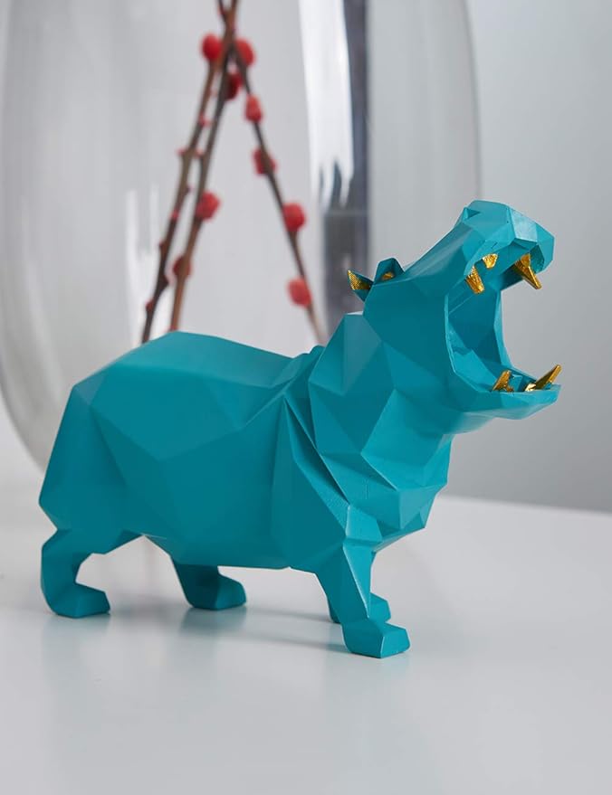 HAUCOZE Hippo Gifts Statue Animal Scupture Figurine Modern Arts Decor Polyresin Blue 7.1 inch