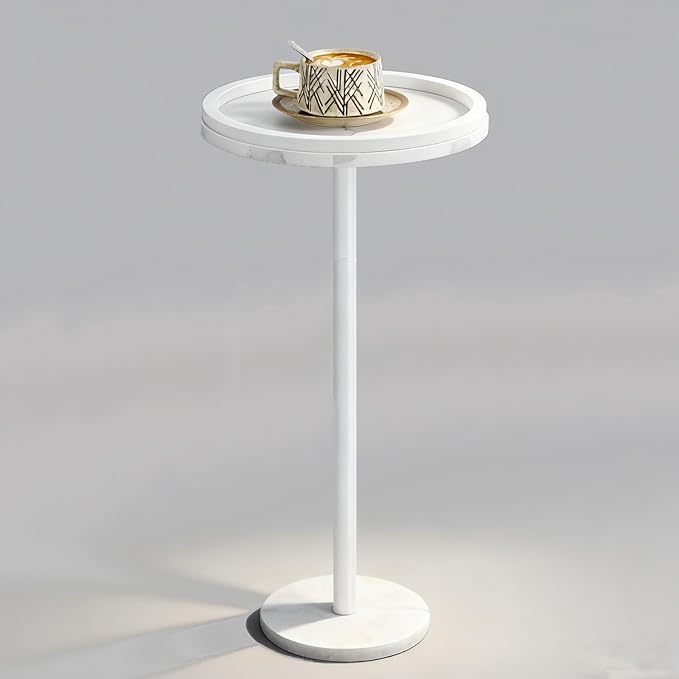 smusei Round Side Table for Small Spaces Small Drink Table with Marble Base Pedestal Side Table with Anti-Fall Guard for Living Room Bedroom, Home Decor, White