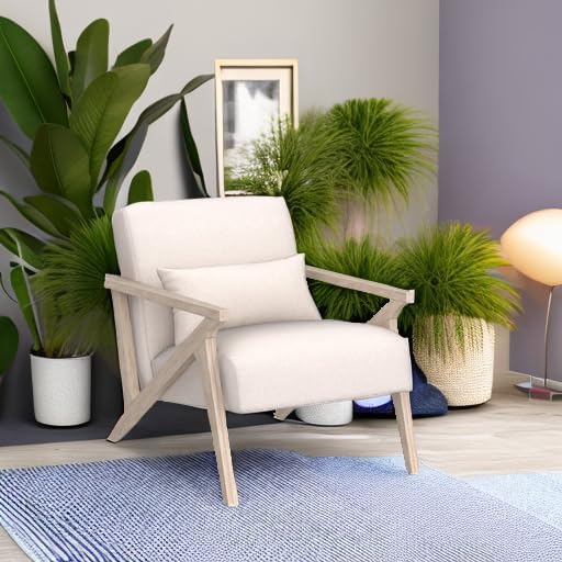INZOY Mid Century Modern Chair with Wood Frame, Upholstered Armchair with Waist Cushion, Accent Chair for Living Room Bedroom Apartment, Easy Assembly, Beige