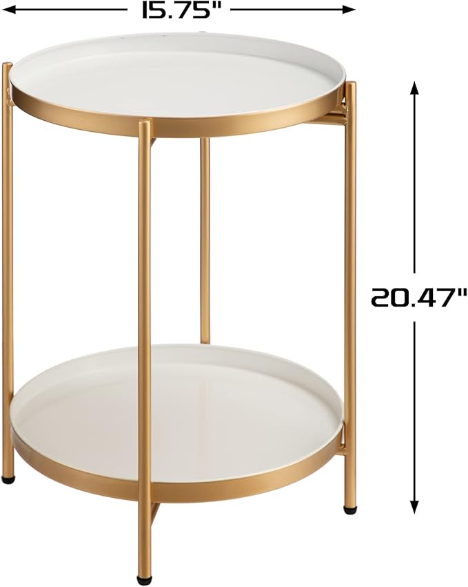 HollyHOME 2-Tier Round Gold Side Table, Outdoor Small Folding Accent Stand with Removable Tray, Anti-Rust Metal Asional Table for Balcony Patio Living Room, Nightstand for Bedroom(Gold&White)