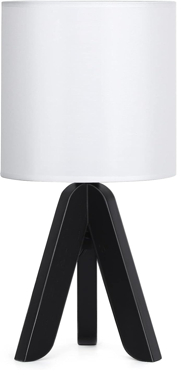 HAITRAL Wooden Tripod Table Lamp with Black Base, Small Table Lamp Bedsides Lamp with Linen Fabric Shade, Nightstand Lamp Cute Night Lamp for Bedroom,Kids Room,Nursery,Dorm