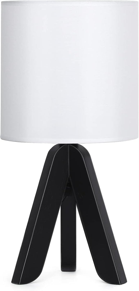 HAITRAL Wooden Tripod Table Lamp with Black Base, Small Table Lamp Bedsides Lamp with Linen Fabric Shade, Nightstand Lamp Cute Night Lamp for Bedroom,Kids Room,Nursery,Dorm