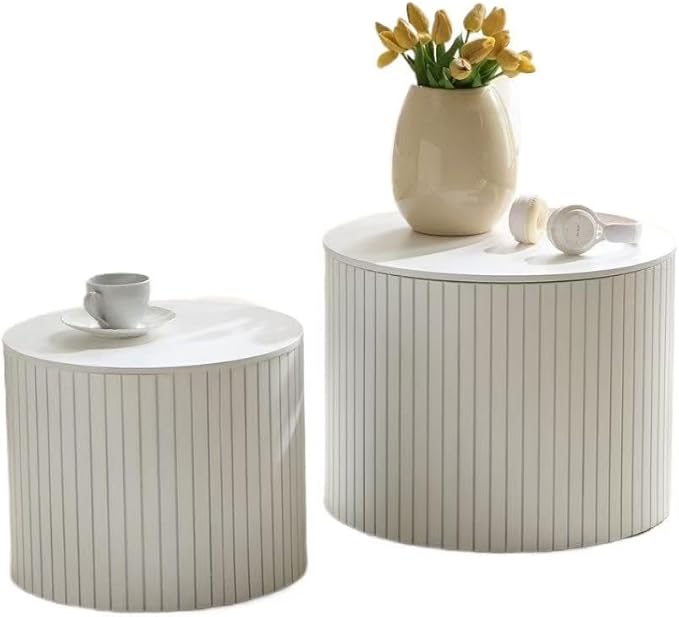 kevinplus White Coffee Table Nesting Tables Set of 2 for Living Room, Modern Circle Drum Small Coffee Table with Storage Contemporary Side Table End Table with Moveable Lid, White