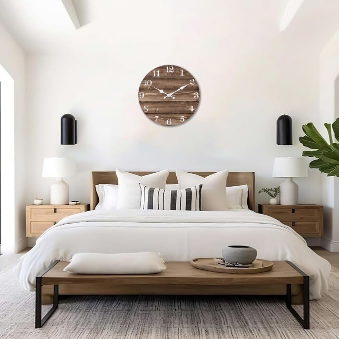 XFM Large Farmhouse Wall Clock Battery Operated 16 Inch Brown Wood Wall Clock Silent Non Ticking Rustic Wooden Wall Clocks for Kitchen Living Room Bedroom Decor