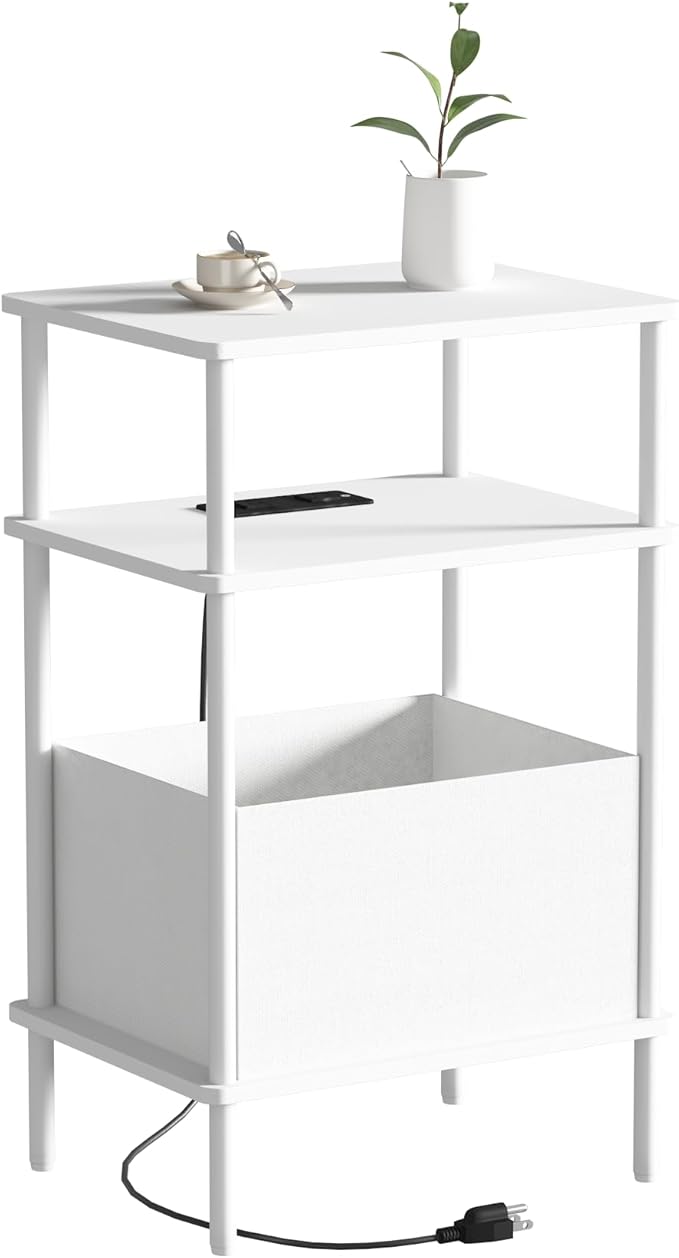 Small Side Table with Charging Station, End Table for Small Spaces, Slim Nightstand with Outlet,Sofa Beside Table, 3-Tier Storage Shelf,Living Room, Bed Room, Natrual White
