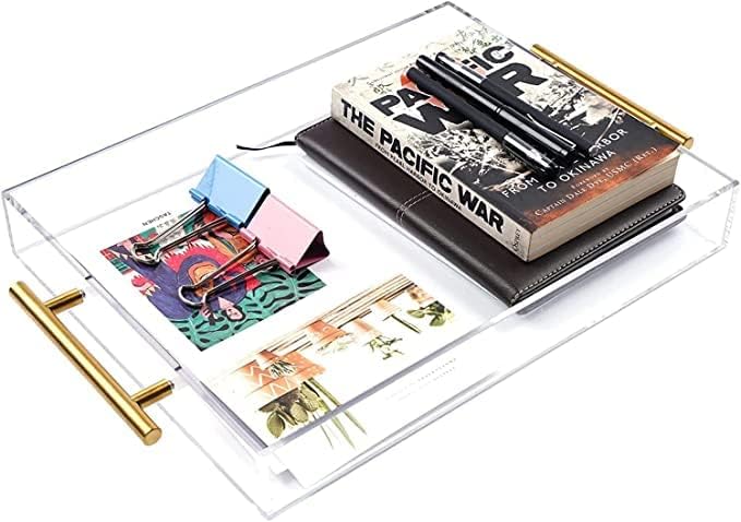 12"x12" Clear Acrylic Serving Tray with Golden Handles, Sturdy Huge Capacity Acrylic Trays for Coffee, Juice, Kitchen and Desk Organizer, Storage Tray (12"x12")