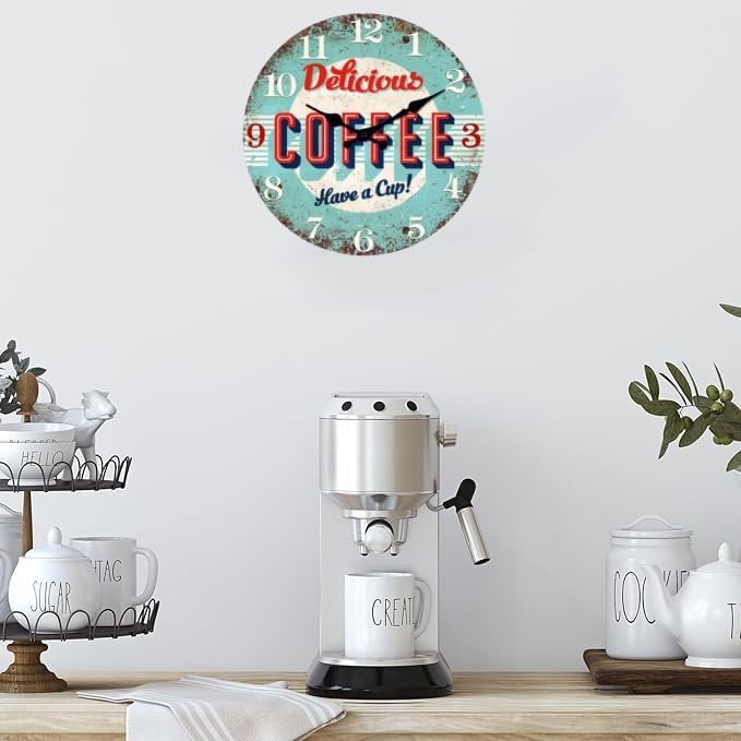 XFM Vintage Coffee Bar Wall Clock 14 Inch Blue Wooden Wall Clocks Battery Operated Silent Retro Round Kitchen Clocks for Cafes Bar Farmhouse Office