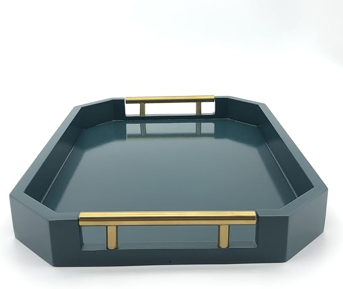 Serving Tray with Polished Metal Handles, Hexagon Coffee Table Tray, Modern Rectangle Decorative Tray, Large Ottoman Tray, Perfect for Storage and Display (Teal Rectangle)