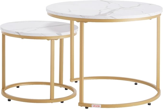 VEVOR Nesting Tables, Coffee Table Set of 2, 23.6 inch Round Coffee Table, Small Coffee Tables Night Stand with Metal Frame, for Living Room, Bedroom, Office (White & Gold)