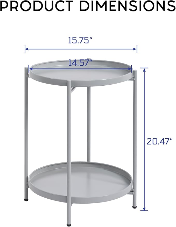 HollyHOME 2-Tier Round Side Table, Outdoor Small Folding Accent Stand with Removable Tray, Anti-Rust Metal Asional Table for Balcony Patio Living Room, Nightstand for Bedroom(Grey)