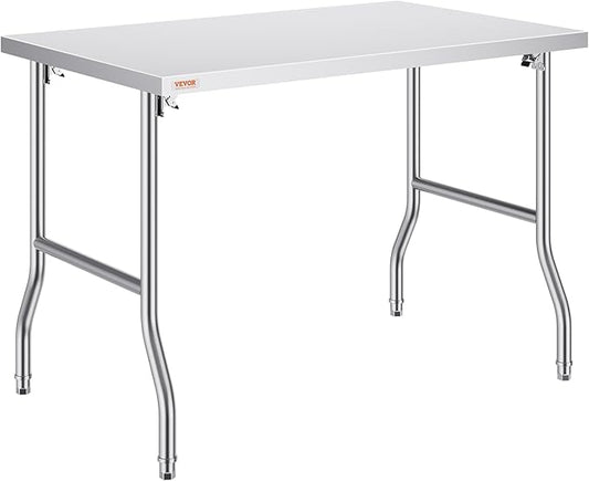 VEVOR 48 x 30 Inch Folding Commercial Prep Table Commercial Worktable Workstation, Heavy-Duty Stainless Steel Folding Table with 220 lbs Load, Silver Stainless Steel Kitchen Island，Kitchen Work Table