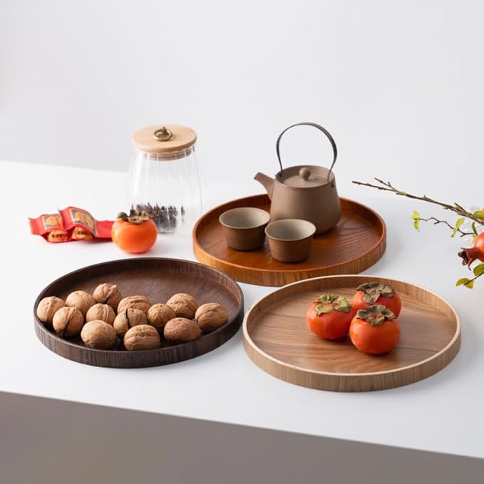 Round Wooden Serving Tray – Rustic Wood Tea Tray for Breakfast, Snacks, Coffee & Home Decor (Dark, 9.45in)