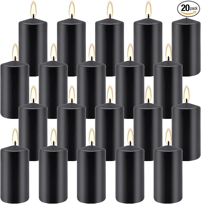 2"x4" High Black Pillar Candles, Set of 20 Unscented. Bulk Buy. Ideal for Halloween, Wedding, Emergency Lanterns, Household, Wedding and Home Décor Candlesticks