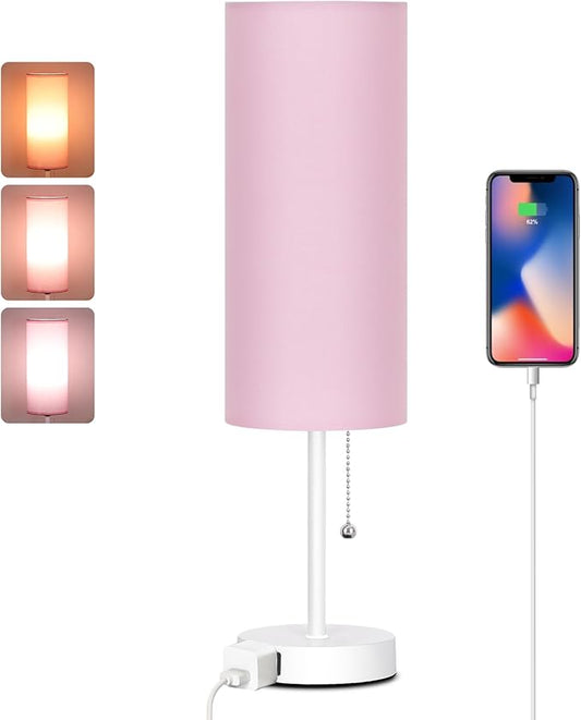 Dott Arts 18" Table Lamp for Bedroom, 3-Color Bedside Lamps with Pull Chain, Bedroom Table Lamps for Nightstand,AC Outlet Small Lamp for Living Room, Bulb Included Pink