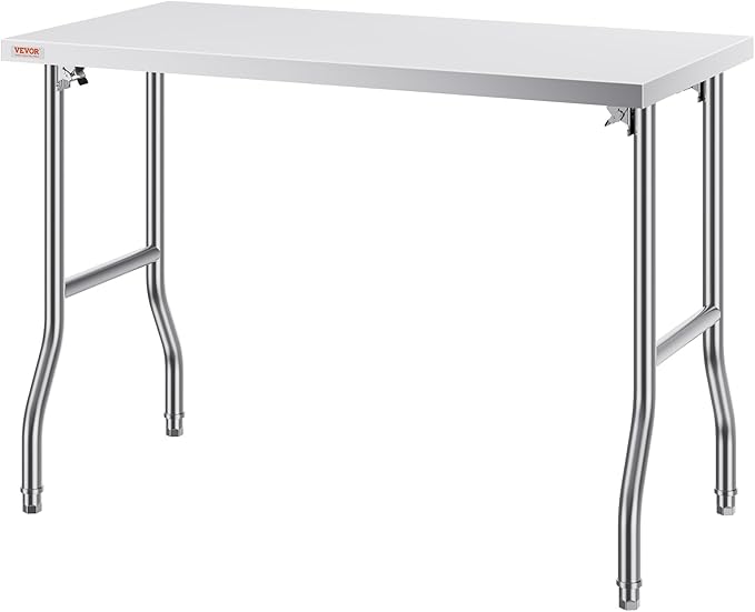 VEVOR Commercial Worktable Workstation 48 x 24 Inch Folding Commercial Prep Table, Heavy-duty Stainless Steel Folding Table with 661 lbs Load, Kitchen Work Table, Silver Stainless Steel Kitchen Island