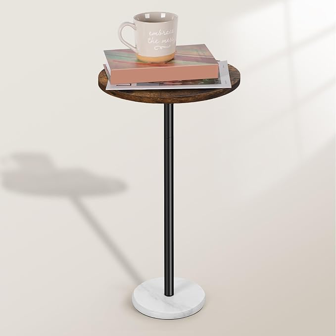 smusei Small Side Table for Small Spaces Round Bar Table with Marble Base Round End Table Drink Table Pedestal for Sofa Couch Chair Patio, Brown