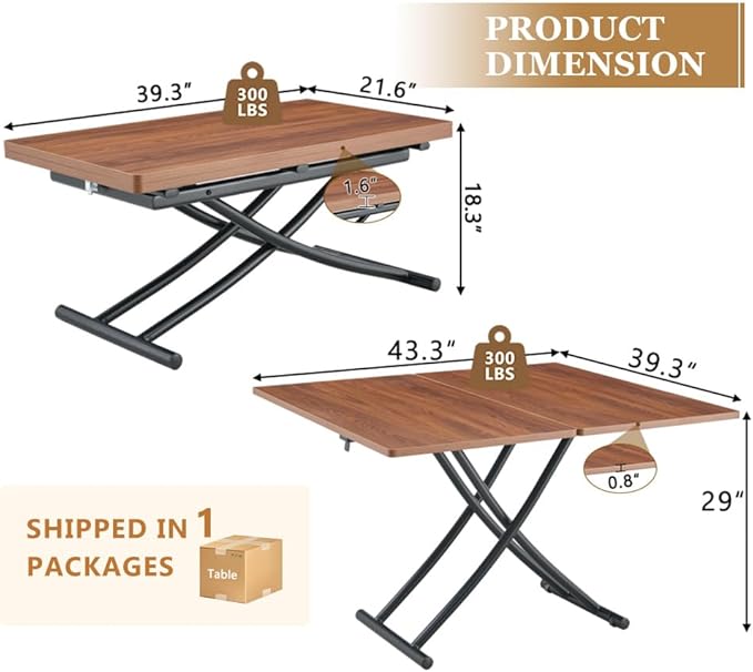 4 in 1 Folding Dining Table with Adjustable Lift Top & Wheels, Multi-Function Coffee Table to Dining Table for Apartments, Kitchens, Living Rooms, Scratch-Resistant & Easy Assembly