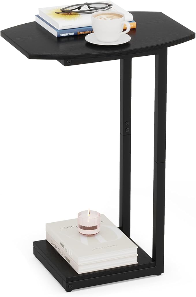 Hosfais Small Side Table End Table, C Shaped Barrel Coffee Table with Metal Frame, Wooden TV Tray for Living Room, Bedroom, Couch, Small Spaces (Black)