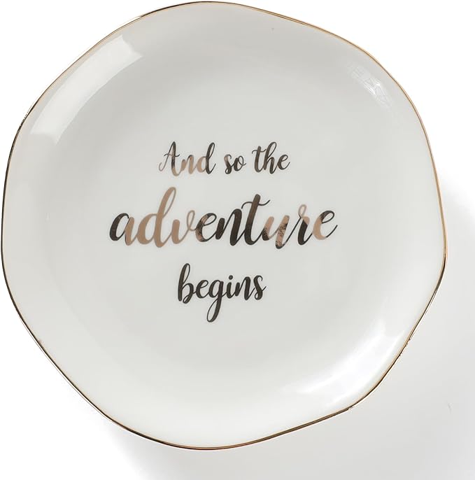 HOME SMILE And So The Adventure Begins Ring Dish-Inspirational Bridal Shower, Bachelorette Party, Engagement Wedding Gifts, Congratulation Present for New Chapter,Ceramic White