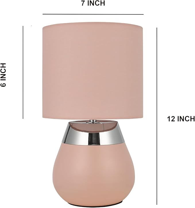 Small Modern Touch Eye Protection Bedside Table Lamp, 7 x 7 x 12 Inch Pink Metal Base Table Lamp for Bedrooms and Office (Pink Fabric Lampshade)