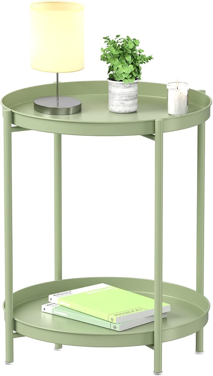 EKNITEY 2 Tier End Table - Metal Side Table Waterproof Small Sofa Coffee Side Tables Bedroom Indoor Outdoor with Removable Tray for Living Room Bedroom Balcony and Office (Atrovirens)