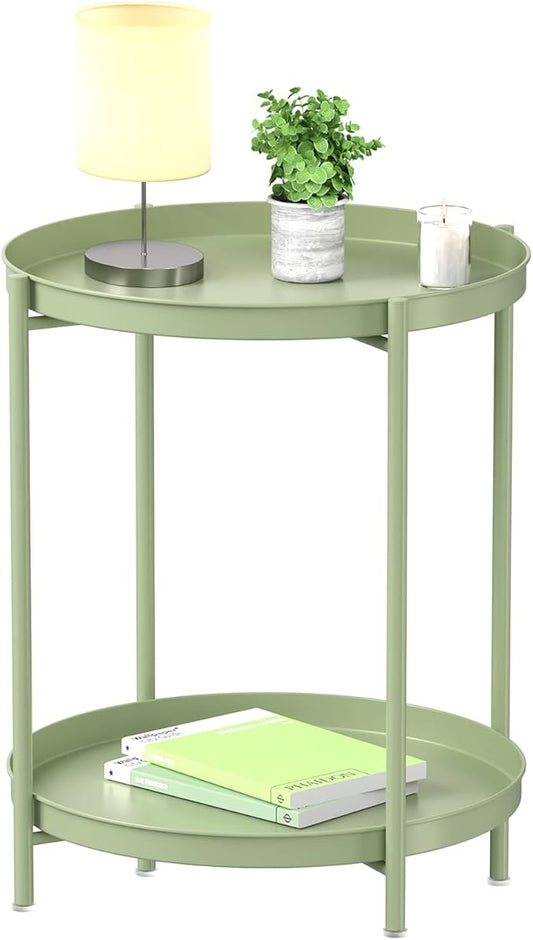 EKNITEY 2 Tier End Table - Metal Side Table Waterproof Small Sofa Coffee Side Tables Bedroom Indoor Outdoor with Removable Tray for Living Room Bedroom Balcony and Office (Atrovirens)