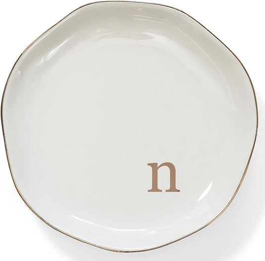HOME SMILE Initials Ring Dish Jewery Tray with Personalized N-Monogrammed Engagement Wedding Gifts for Friends,Sister,Birthday Christmas Gifts for Women,Ceramic White