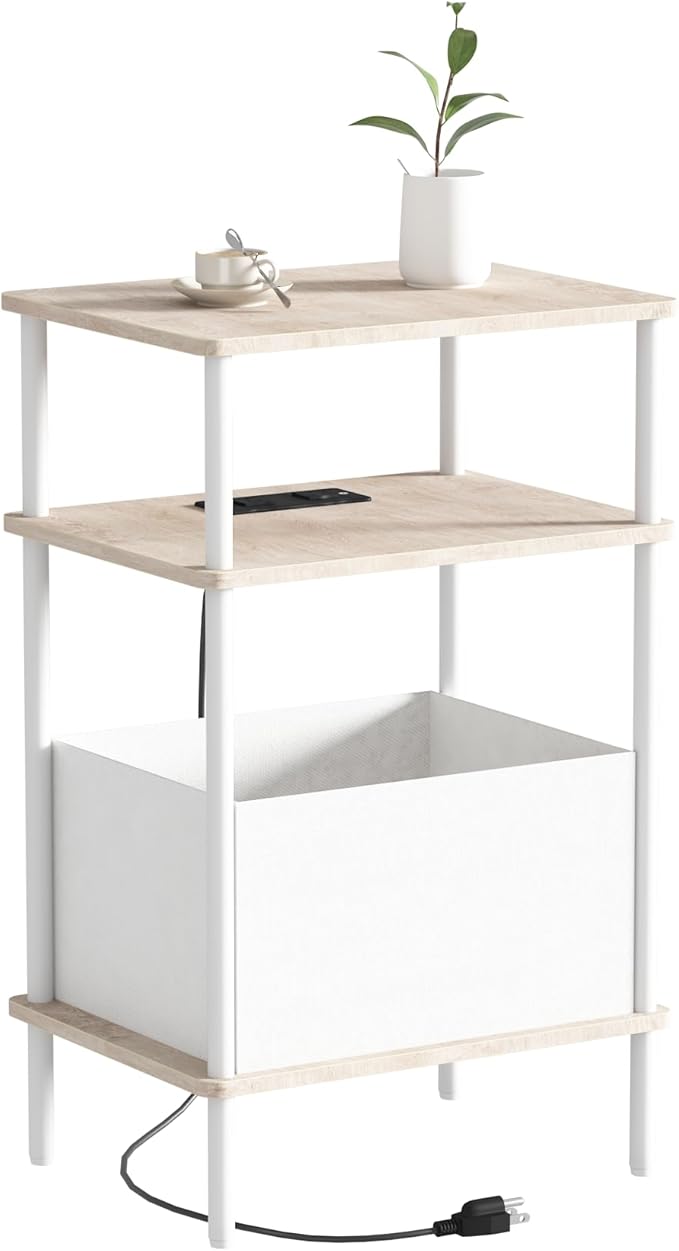 Small Side Table with Charging Station, End Table for Small Spaces, Slim Nightstand with Outlet,Sofa Beside Table, 3-Tier Storage Shelf,Living Room, Bed Room, Natrual Oak