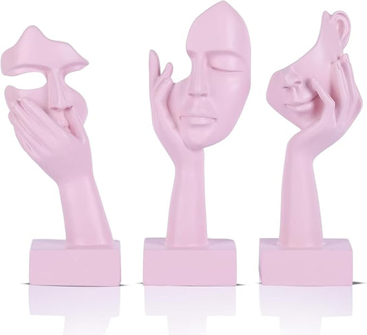 3 Pcs Thinker Small Statue Set - Pink Art Abstract Home Accent Figurines for Decor Woman Apartment Bookshelf Floating Shelf Coffee Table Office Desk Bathroom Counter Decor (3 Pcs Pink, 6")