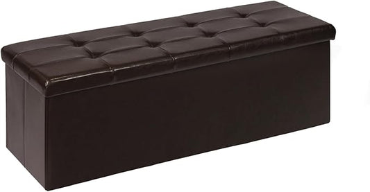 PINPLUS Folding Storage Ottoman Bench, Brown Faux Leather Long Storage Chest Footstool Seat, Bench for Bedroom and Hallway, 43.3"x15.7"x15.7"