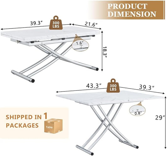 4 in 1 Folding Dining Table with Adjustable Lift Top & Wheels, Multi-Function Coffee Table to Dining Table for Apartments, Kitchens, Living Rooms, Scratch-Resistant & Easy Assembly