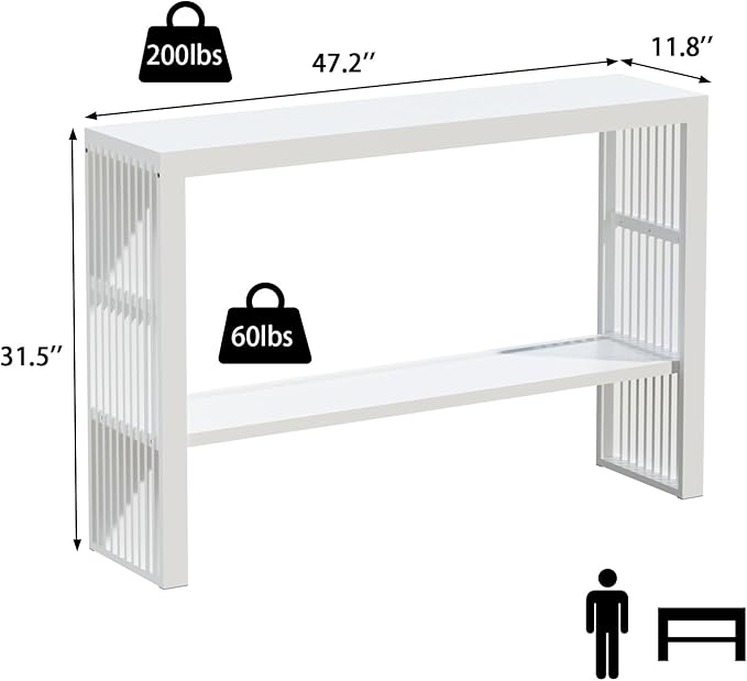 Bamboo 47.2" Narrow Console Table, 2-Tier Farmhouse Side Table, Rectangular Entryway Table, Modern Sofa Table Behind Couch with Storage Shelves for Entrance, Living Room, Hallway, Foyer (White)