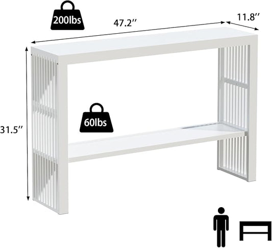 Bamboo 47.2" Narrow Console Table, 2-Tier Farmhouse Side Table, Rectangular Entryway Table, Modern Sofa Table Behind Couch with Storage Shelves for Entrance, Living Room, Hallway, Foyer (White)