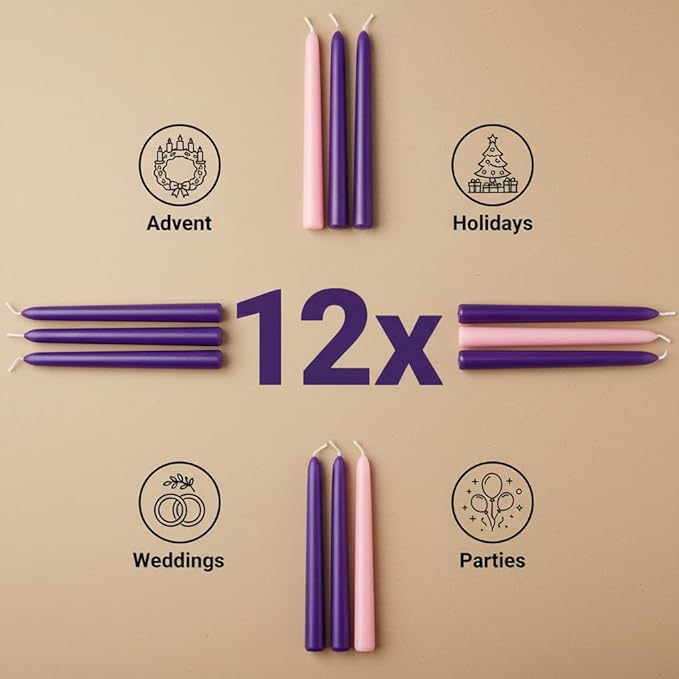 12 Pack Advent Taper Candles Set (9 Purple, 3 Pink) - 10 Inch Dripless & Smokeless Candlesticks, 8-Hour Unscented Wax for Holiday, Wedding, Dinner & Home Decor