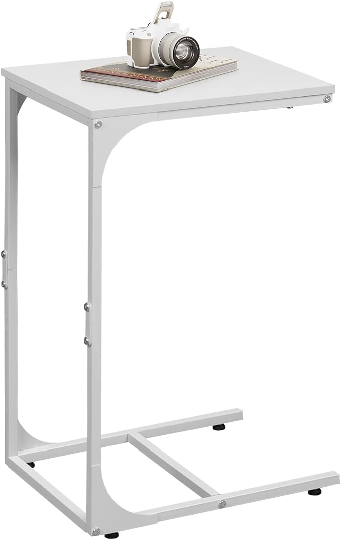 WLIVE C Shaped End Table, Small Couch Side Tables with Metal Frame, Sofa Table TV Tray for Living Room, Bedroom, White