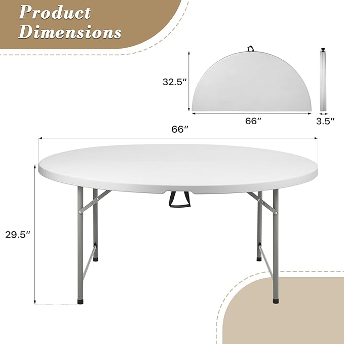 Athena Collection 5.5 ft Plastic Folding Dining Table, Large Foldable Round Card Table Portable with Carry Handle Heavy Duty Fold-in-Half for Indoor Outdoor Party Camping, Grey