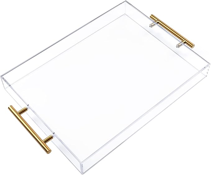 12"x16" Clear Acrylic Serving Tray with Golden Handles, Sturdy Huge Capacity Acrylic Tray for Coffee, Juice, Kitchen and Desk Organizer, Storage Tray (12"x16")