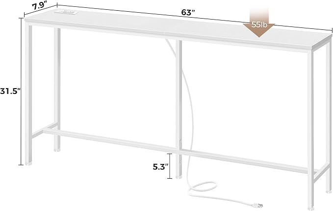 SUPERJARE Console Table with Outlet, 63 Inch Sofa Table with Charging Station, Narrow Entryway Table, Skinny Hallway Table, Behind Couch Table, for Living Room, Plants, White