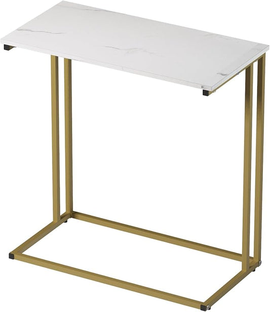 C-Shaped Side Table, Modern End Table with Metal Frame, Space Saving Design for Living Room，Large Surface Couch Table for Bedroom, and Home Office，24 x 12 x 24 inches (Marble White)