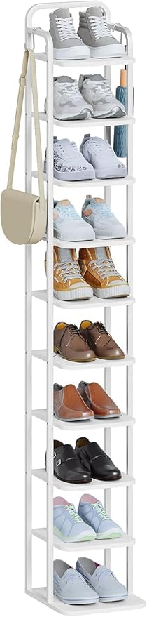 10 Tiers Vertical Shoe Rack, Narrow Shoe Tower, Tall Shoes Shelf with 2 Hooks, Adjustable Shelves, Corner Shoes Shelves for Small Spaces, Entryway, Living Room, White SR11213W
